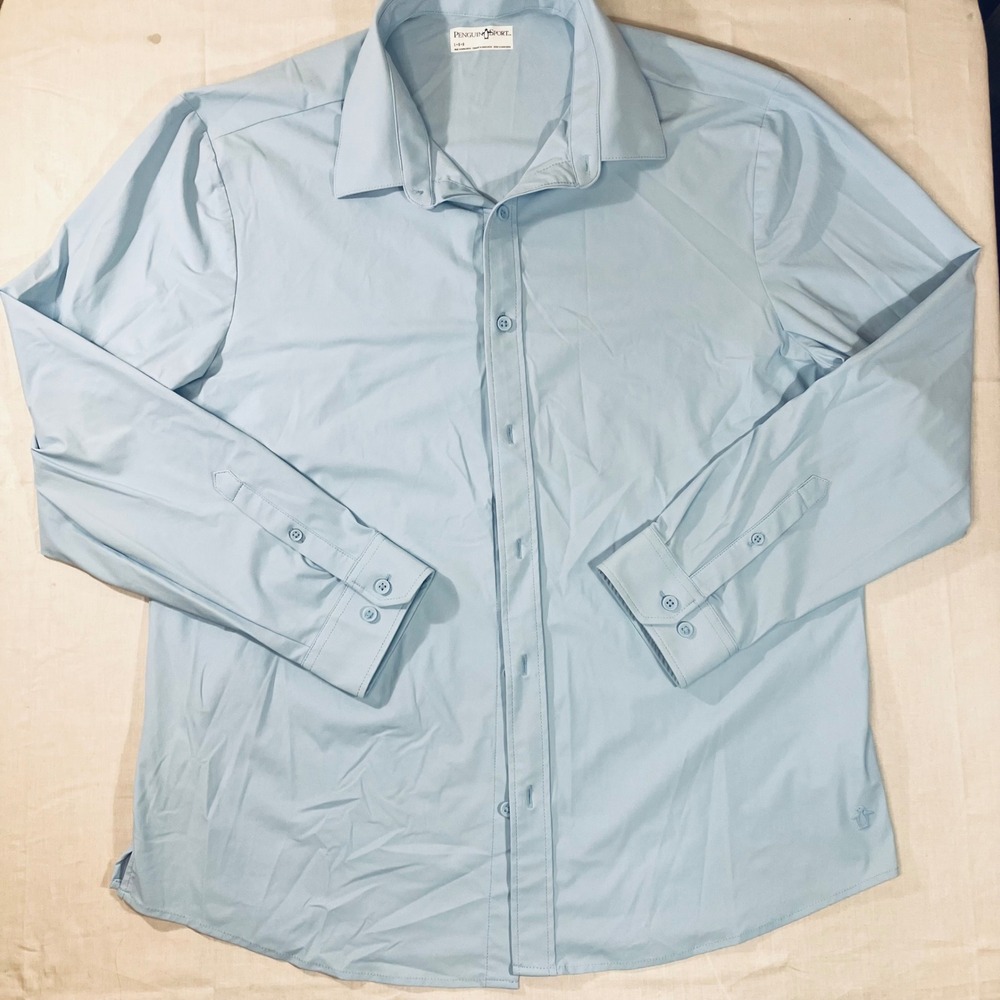 Penguin Sport Mens Performance Button Down Shirt Light Blue Stretch Large MA7037